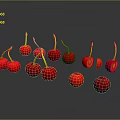 Fresh Red Cherries Whole and Sliced on Black Surface with Reflections 3d model