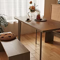 Wooden Dining Table Set with Benches Vase Flowers Potted Plant and Window Blinds