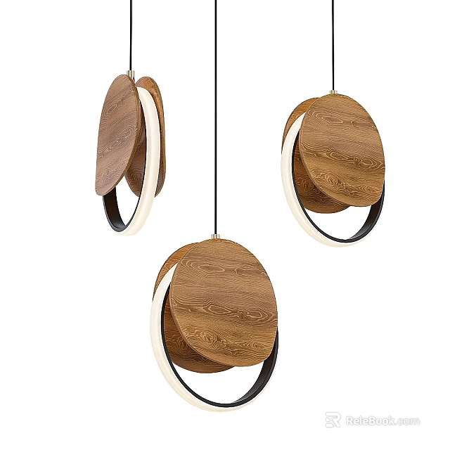 Modern Wooden Circular Pendant Lights with White Ring and Black Frame Set of Three 3d model 