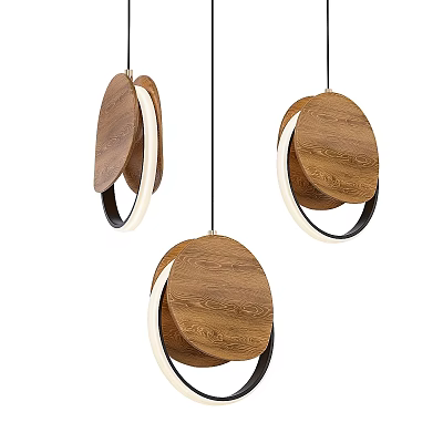 Modern Wooden Circular Pendant Lights with White Ring and Black Frame Set of Three 3d model