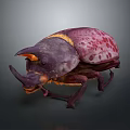 Textured Purple and Pink Spotted Beetle with Horned Head on Dark Background