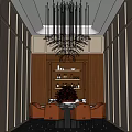 Private Room Interior With Elegant Chandelier Wooden Cabinets Wine Shelves Dining Table And Orange Chairs