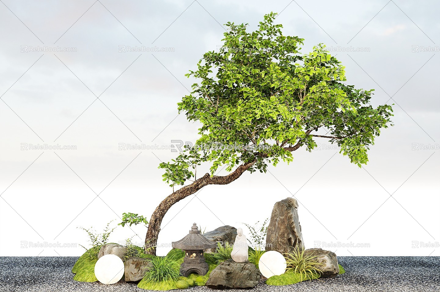 New Chinese style courtyard sketch modeling tree landscape tree stone micro terrain 3d model