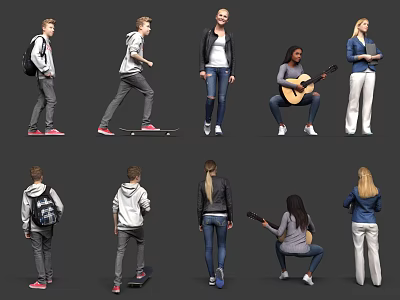 Multiple People In Various Poses With Casual Wear Skateboard Guitar And Backpacks 3d model