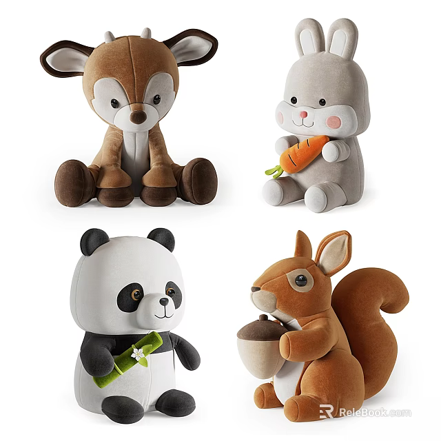 Cute Stuffed Animal Toys Deer Rabbit Panda Squirrel Holding Carrot Leaf and Acorn 3d model 