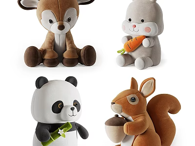 Cute Stuffed Animal Toys Deer Rabbit Panda Squirrel Holding Carrot Leaf and Acorn 3d model