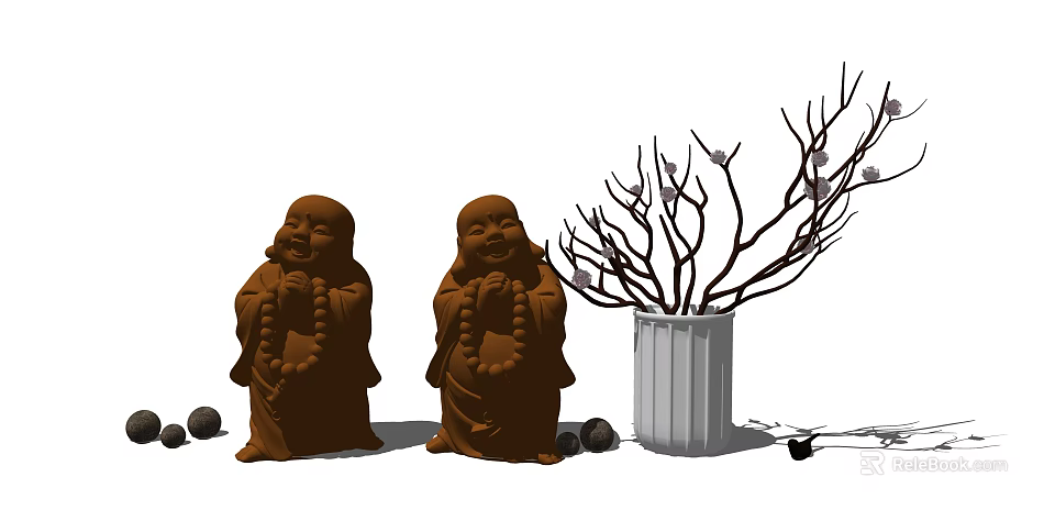 Traditional Sculpture Carving Of Happy Buddha Statues With Decorative Vase Branches And Pebbles 3d model 