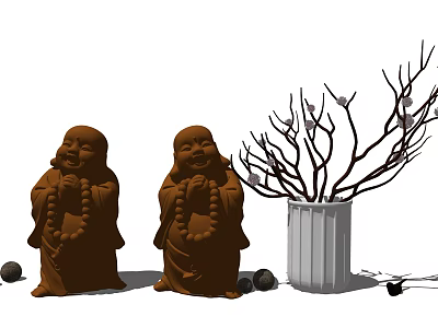 Traditional Sculpture Carving Of Happy Buddha Statues With Decorative Vase Branches And Pebbles 3d model