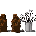 Traditional Sculpture Carving Of Happy Buddha Statues With Decorative Vase Branches And Pebbles