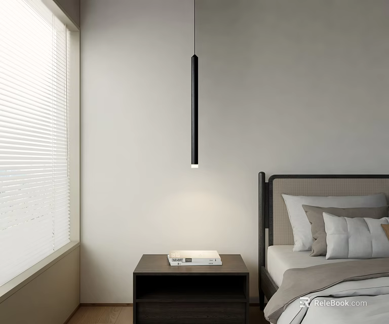 Modern Black Elongated Pendant Light In Bedroom With Bedside Table And Blinds 3d model 