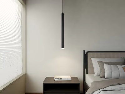 Modern Black Elongated Pendant Light In Bedroom With Bedside Table And Blinds 3d model