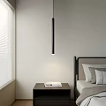 Modern Black Elongated Pendant Light In Bedroom With Bedside Table And Blinds