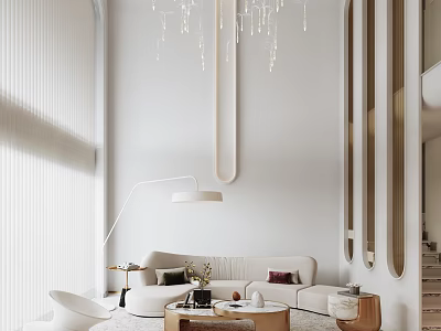 Loft Living Room With White Sofa Chandelier Floor Lamp And Round Coffee Table 3d model