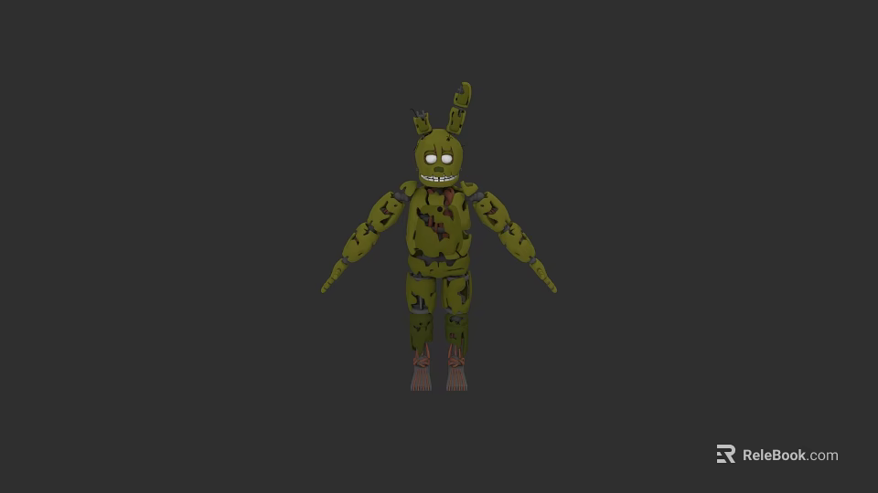 Scary Green Rabbit Game Character With Yellow Eyes And Tattered Body In Horror Scene 3d model 