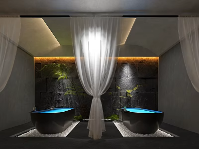 Relaxing SPA Sauna Space With Black Bathtubs Blue Water White Curtains And Stone Wall 3d model