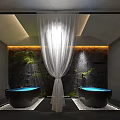 Relaxing SPA Sauna Space With Black Bathtubs Blue Water White Curtains And Stone Wall