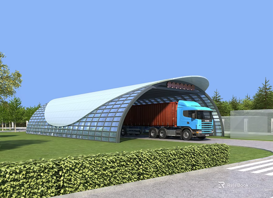 Large Curved Glass Canopy for Truck Entry with Green Lawn and Trees 3d model 