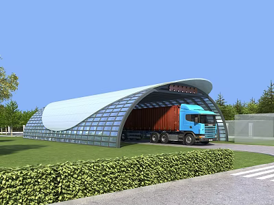 Large Curved Glass Canopy for Truck Entry with Green Lawn and Trees 3d model