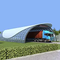 Large Curved Glass Canopy for Truck Entry with Green Lawn and Trees