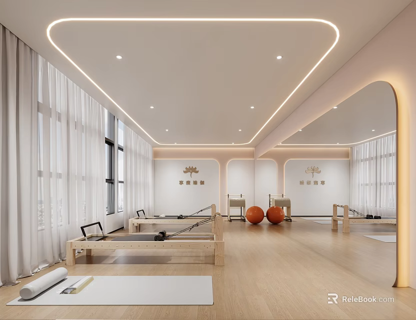 Yoga Pilates Studio With Reformers Exercise Balls Yoga Mats Mirrors Wooden Floors White Curtains And Lighting 3d model 
