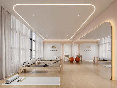 Yoga Pilates Studio With Reformers Exercise Balls Yoga Mats Mirrors Wooden Floors White Curtains And Lighting 3d model