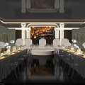 Elegant Banquet Hall Setup With Long Dining Tables White Floral Decor And Reflective Floor