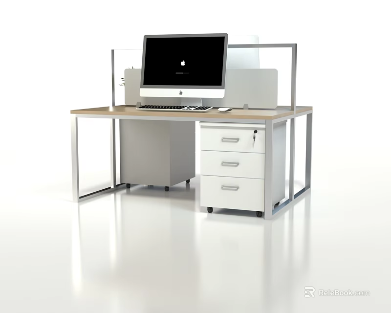 Modern Office Desk With Wooden Top Metal Frame Drawer Cabinet And Computer Monitor 3d model 