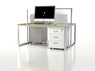 Modern Office Desk With Wooden Top Metal Frame Drawer Cabinet And Computer Monitor 3d model