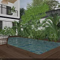 Modern Courtyard Landscape Design With Private Swimming Pool Cozy Outdoor Seats And Lush Tropical Greenery