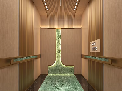 Elegant Modern Elevator Interior Featuring Wooden Walls Green Decor And Soft Lighting 3d model