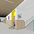 Modern Corridor With Wooden Ceiling Green Staircase Kids And Signs
