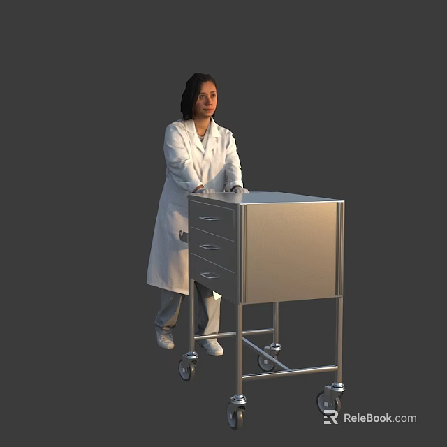 Woman in White Coat Pushing Metal Cart with Drawers and Wheels 3d model 