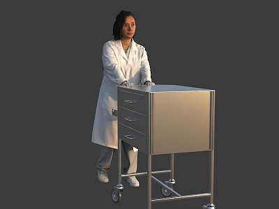 Woman in White Coat Pushing Metal Cart with Drawers and Wheels 3d model