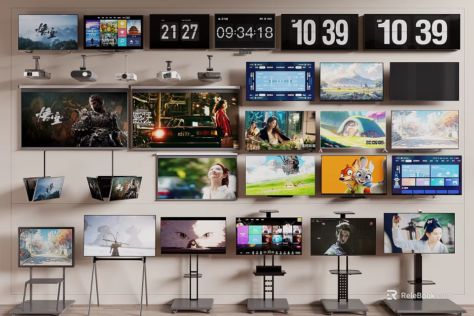Multiple TVs in Various Sizes Displaying Scenery Time and Movie Scenes on Walls and Stands 3d model 