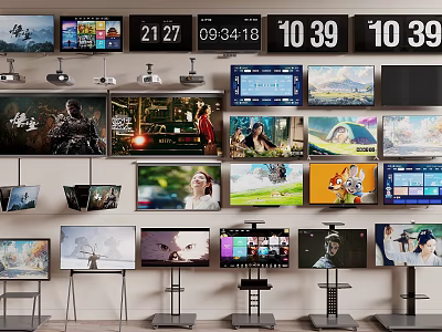Multiple TVs in Various Sizes Displaying Scenery Time and Movie Scenes on Walls and Stands 3d model