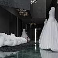 Elegant Artistic Scene With White Gowns Chair Geometric Walls Chandeliers And Dark Background