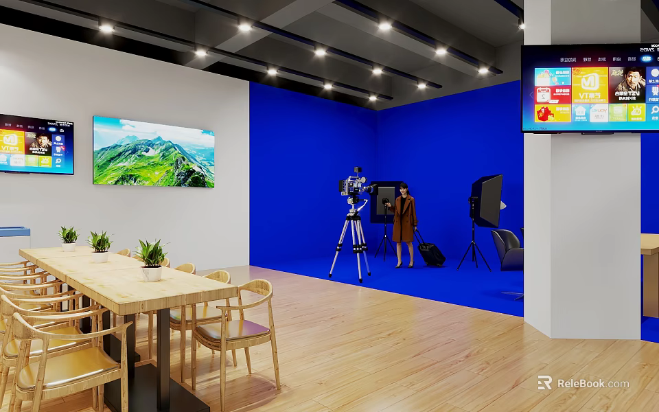 Professional Studio Setup With Blue Backdrop Camera Tripod Two People Lighting And TV Screens 3d model 