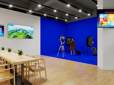 Professional Studio Setup With Blue Backdrop Camera Tripod Two People Lighting And TV Screens 3d model