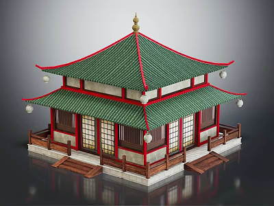 Cartoon Scene of Chinese style Building with Green Roof Red Accents Lanterns and Wooden Structure Steps 3d model