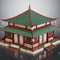 Cartoon Scene of Chinese style Building with Green Roof Red Accents Lanterns and Wooden Structure Steps