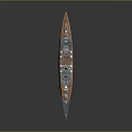 Realistic Warship Model With Red Bottom White Hull Blue Deck Masts Guns And Reflective Surface
