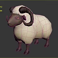 Cartoon Style 3D Sheep Model with White Wool Brown Head Curved Horns and Yellow Eyes