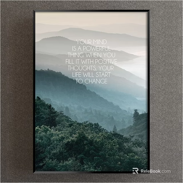 Scenic Landscape Painting With Misty Mountains Lush Green Forest And Inspirational Text 3d model 