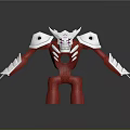Red And White Robot Character Model With Armored Shoulders Spiked Head Purple Chest Emblem