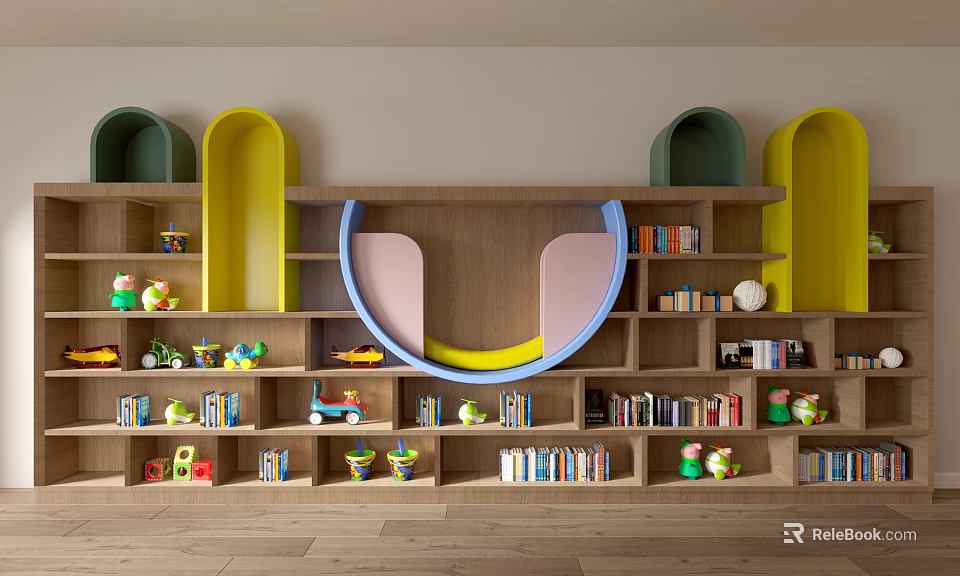 Colorful Kids Bookcase With Curved Design Shelves Toys And Books In Playroom 3d model 