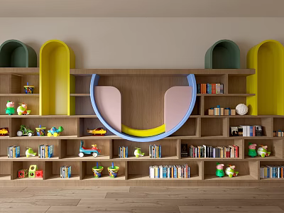 Colorful Kids Bookcase With Curved Design Shelves Toys And Books In Playroom 3d model