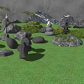 Garden Ornaments Featuring Statue Figures On Large Rocks With Green Grass And Palm Tree