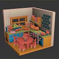 Colorful Toy Kitchen Display With Red Table Chairs Shelves Fruits Vegetables And Potted Plant