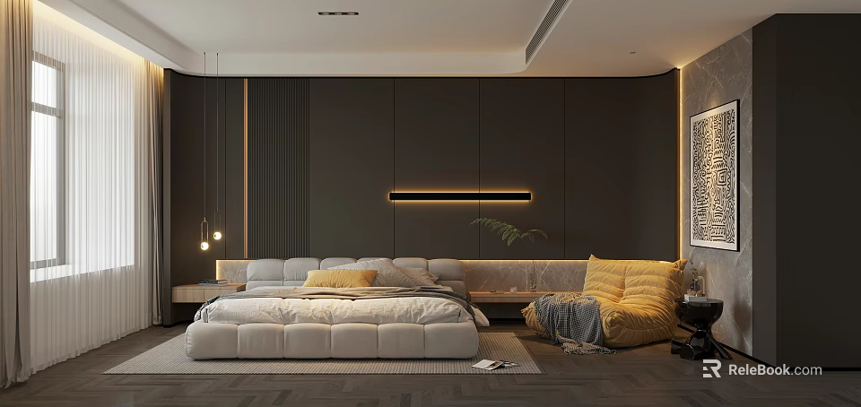 Modern Bedroom Interior With Dark Walls White Upholstered Bed And Yellow Bean Bag Chair 3d model 