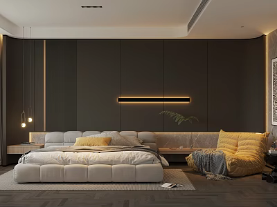 Modern Bedroom Interior With Dark Walls White Upholstered Bed And Yellow Bean Bag Chair 3d model